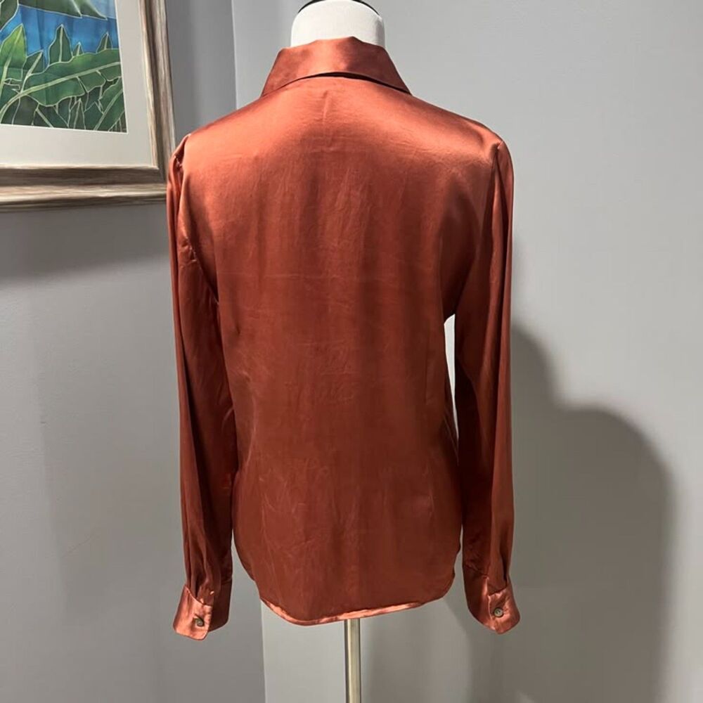 Caslon Rust Copper Pointed Collar Silk Long Sleeve Button-Down Blouse Top Medium - Picture 2 of 12